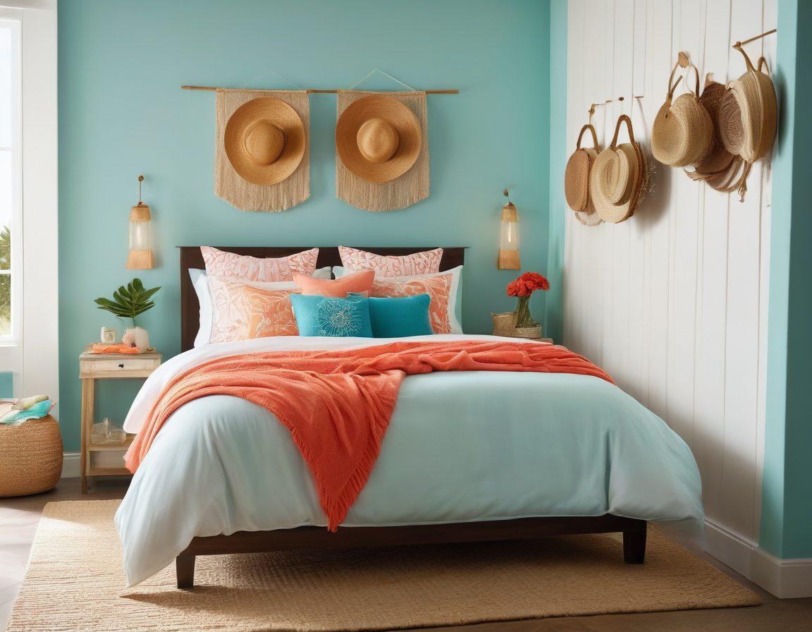 An alluring beach scene transitioning to a stylishly decorated bedroom, showcasing a variety of playful and sexy swimwear hanging on a clothesline. Sun-kissed sand blends into plush bedding adorned with ocean-themed pillows. Include glimpses of beach accessories and soft lighting to evoke a sensual atmosphere. The juxtaposition of the beach and the bedroom should symbolize the transition of fun from outdoors to indoors. vibrant colors. super-realistic.