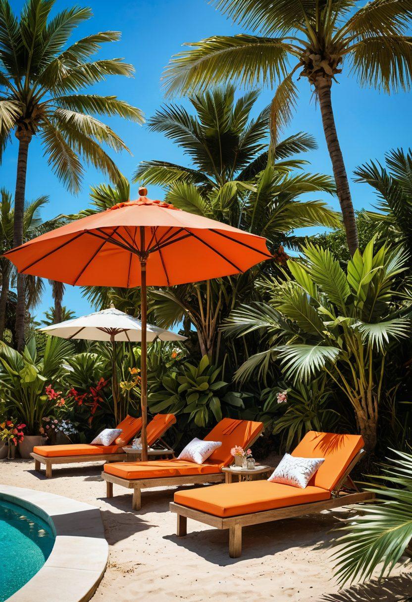 A stylish beach setting featuring people wearing vibrant and trendy adult swimwear, showcasing various styles and colors. Include a luxurious lounge area with beach umbrellas, tropical plants, and sparkling water in the background. Capture the essence of intimacy fashion with elegant, playful accessories like sarongs and wraps. Highlight the joy and confidence of the individuals as they interact, conveying a sense of fun and desire. vibrant colors. summer vibe. super-realistic.